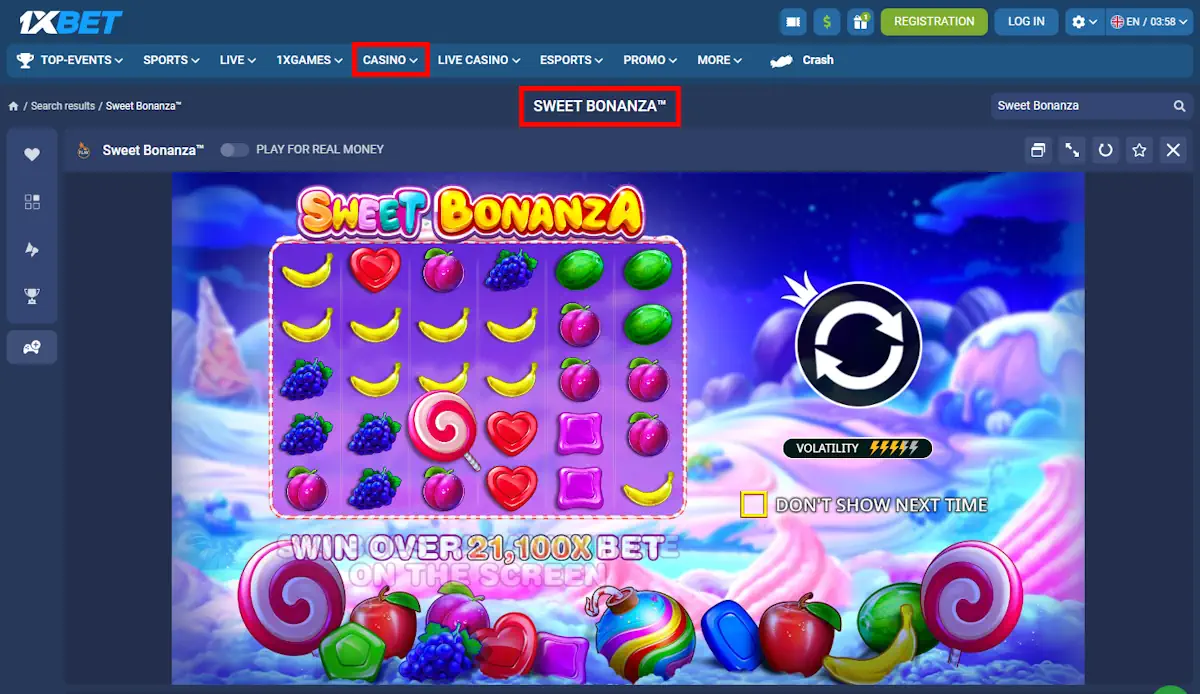 1xBet Sweet Bonanza Demo play Screenshot